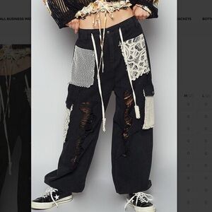 439 POL Distressed Twill Jogger Pants Crochet Lace Patch Black